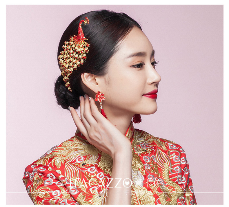 金色中式新娘鳳凰頭飾，盤發(fā)插梳敬酒服發(fā)飾