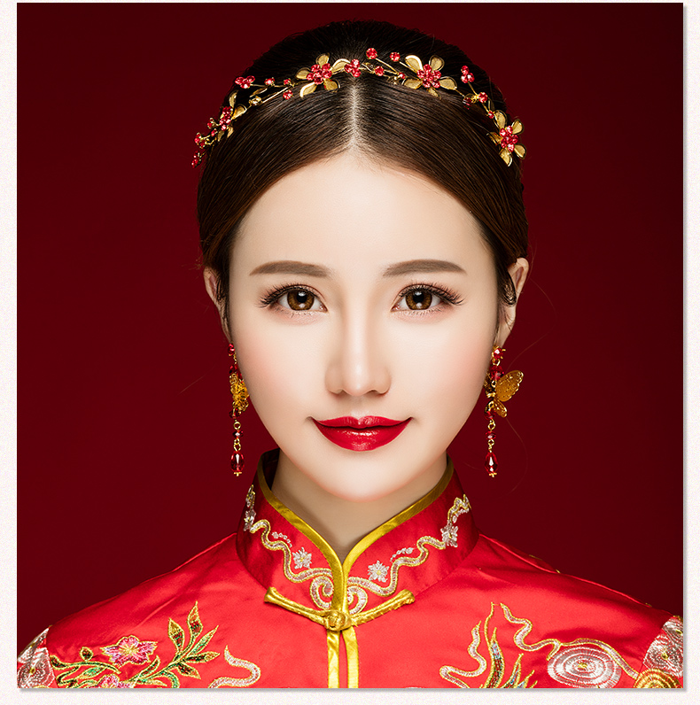 小巧中式敬酒禮服頭飾，金與紅水晶的搭配