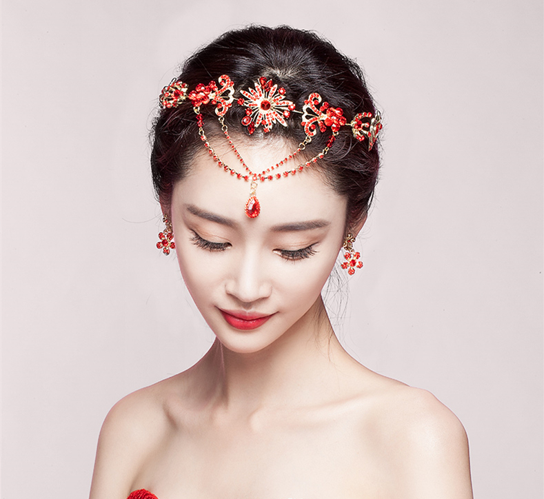 中式三件套裝敬酒服額飾，優(yōu)美盤發(fā)配飾發(fā)飾