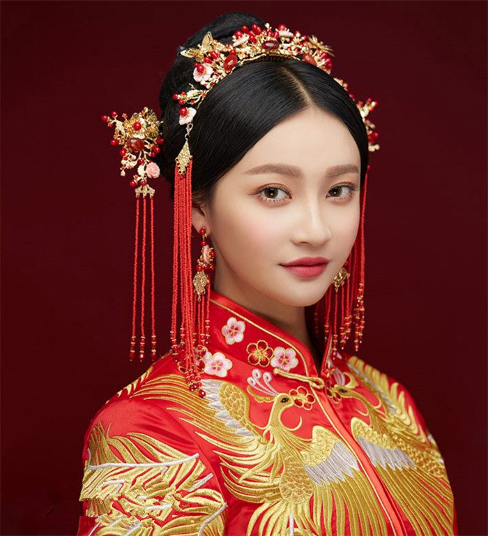 金底紅古風(fēng)頭飾，復(fù)古貝殼花流蘇發(fā)簪
