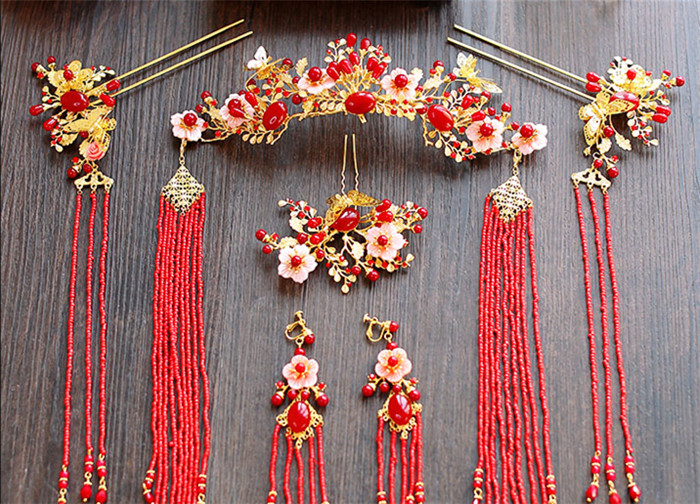 金底紅古風(fēng)頭飾，復(fù)古貝殼花流蘇發(fā)簪