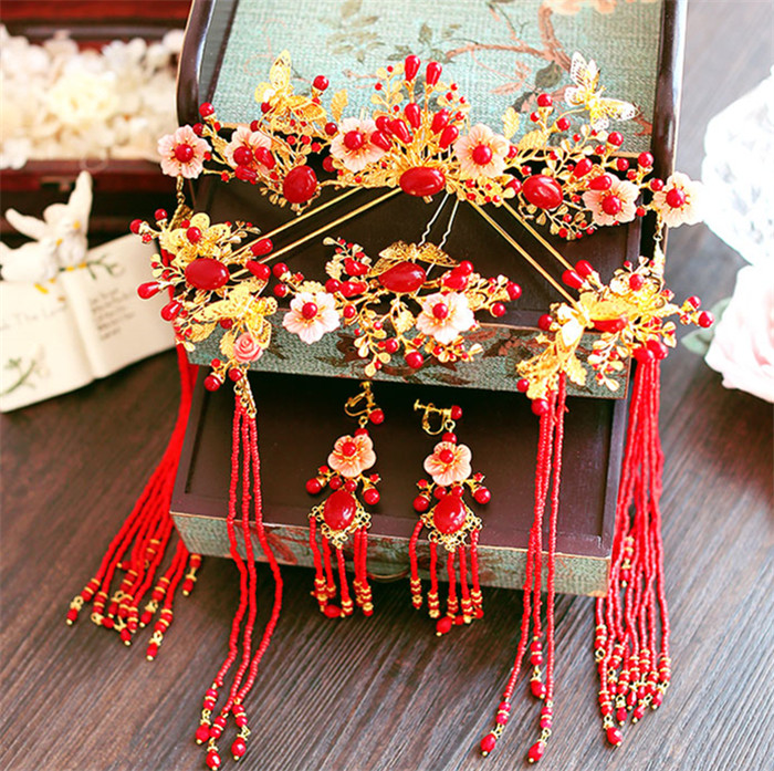 金底紅古風(fēng)頭飾，復(fù)古貝殼花流蘇發(fā)簪