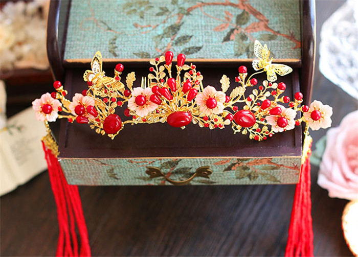 金底紅古風(fēng)頭飾，復(fù)古貝殼花流蘇發(fā)簪