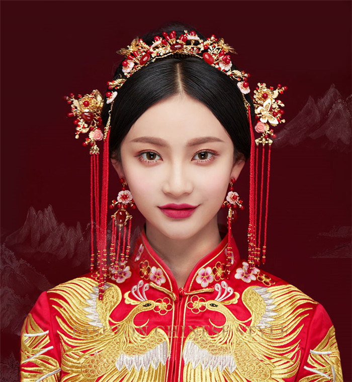 金底紅古風(fēng)頭飾，復(fù)古貝殼花流蘇發(fā)簪