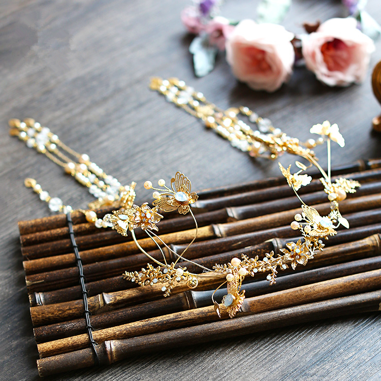 古裝頭飾金色流蘇，原創(chuàng)鳳冠發(fā)箍