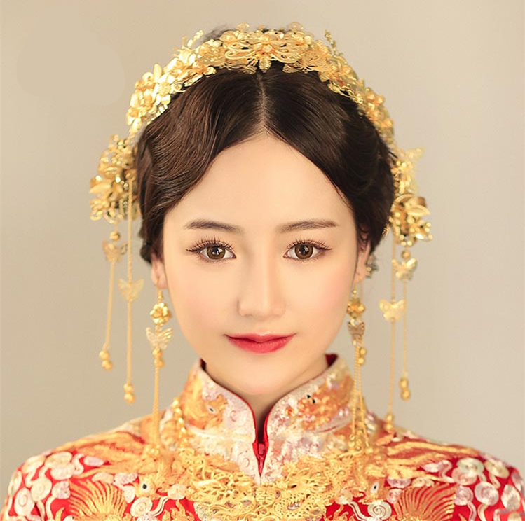 中式新娘精美頭飾，金色發(fā)飾套裝步搖鳳冠
