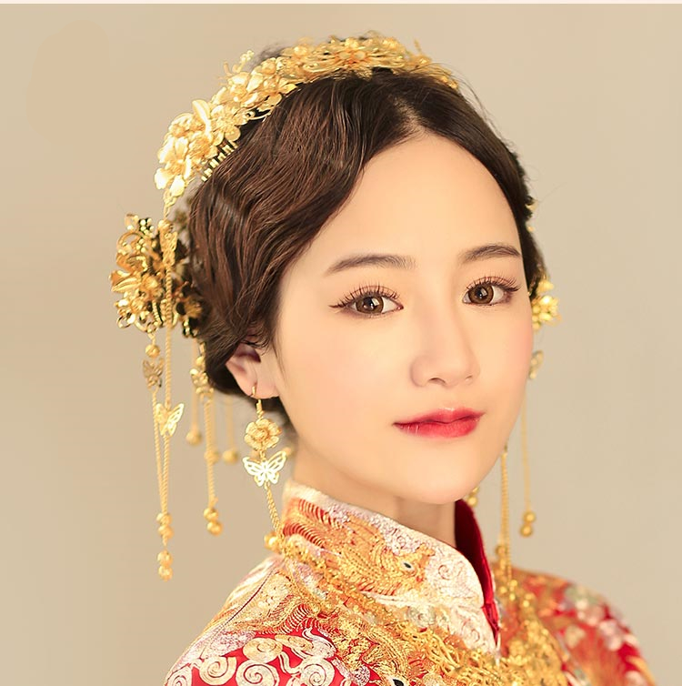 中式新娘精美頭飾，金色發(fā)飾套裝步搖鳳冠