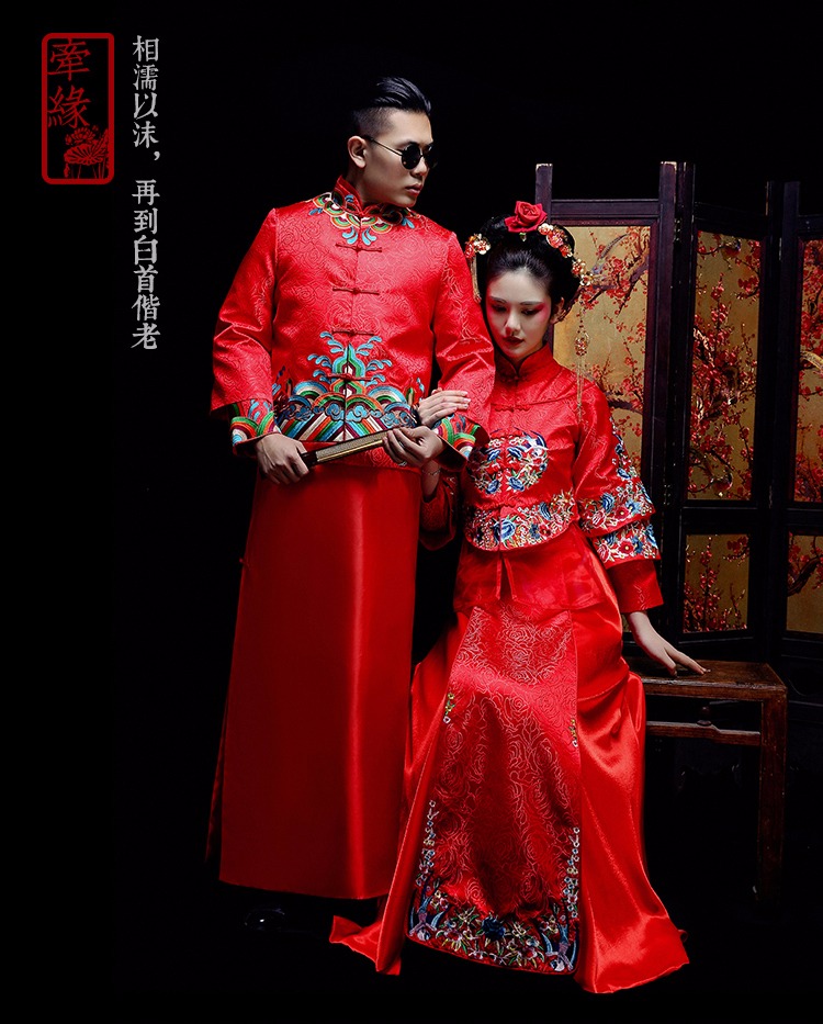 中國(guó)古典元素刺繡新娘禮服，敬酒服長(zhǎng)袖春裝