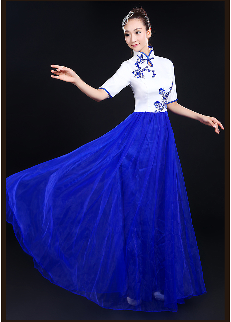 青花瓷民樂(lè)服合唱服長(zhǎng)裙，中山裝演出服