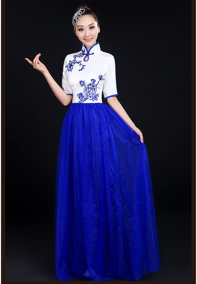 青花瓷民樂(lè)服合唱服長(zhǎng)裙，中山裝演出服