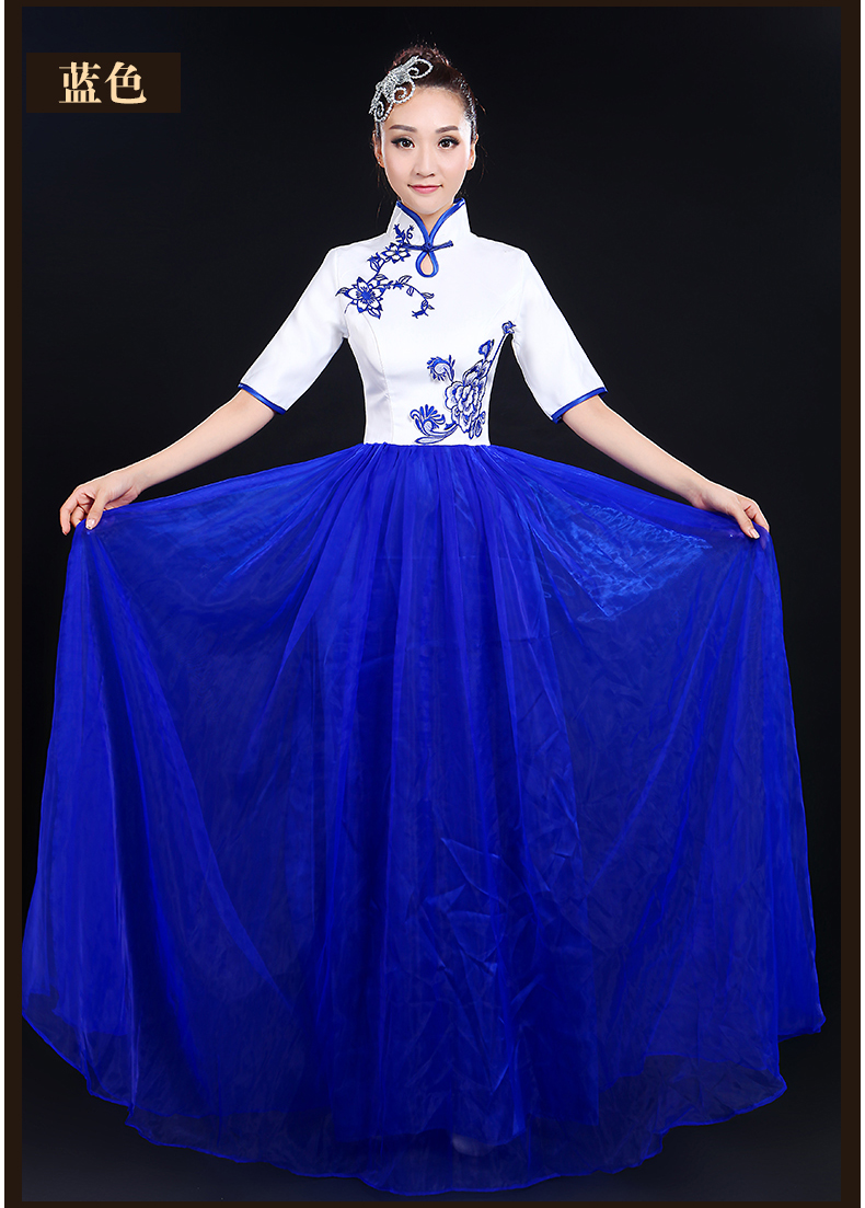 青花瓷民樂(lè)服合唱服長(zhǎng)裙，中山裝演出服