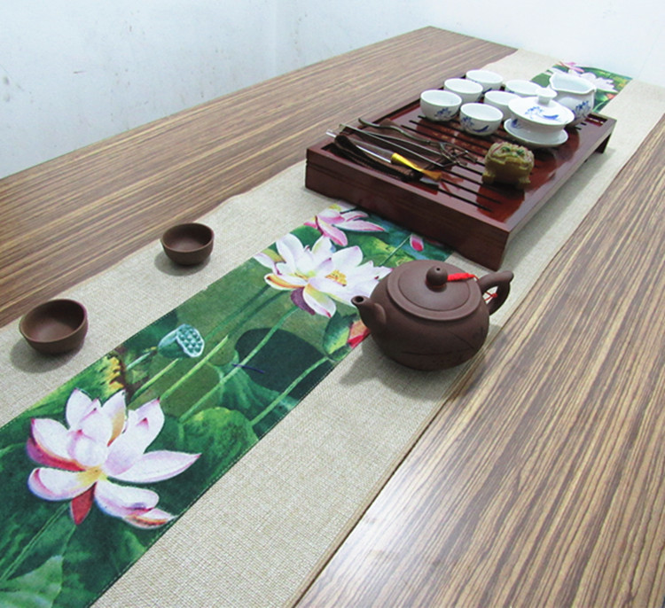 中國風(fēng)復(fù)古棉麻布藝禪意荷花桌旗茶巾