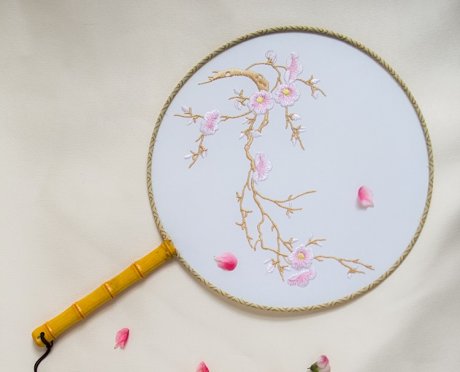 清新桃花刺繡團扇，粉色韻味繡花宮扇工藝扇子