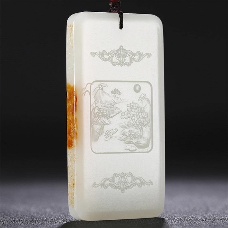 和田玉山水悠然自在掛件，白玉項鏈玉石。