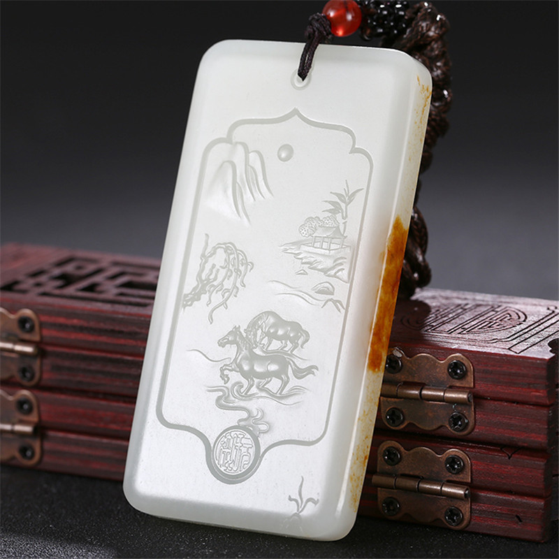 和田玉山水悠然自在掛件，白玉項鏈玉石。