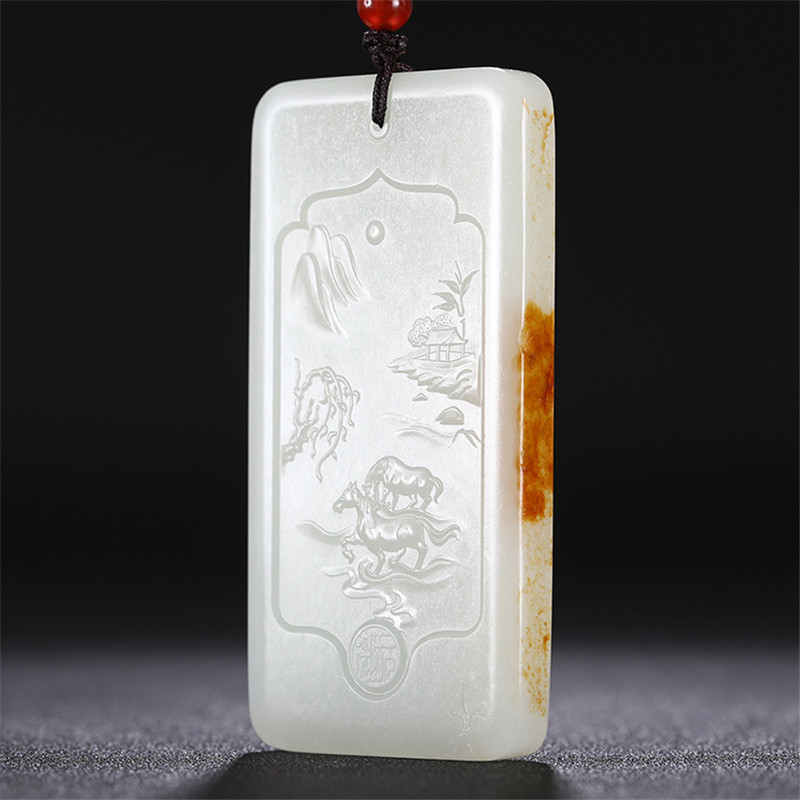 和田玉山水悠然自在掛件，白玉項鏈玉石。