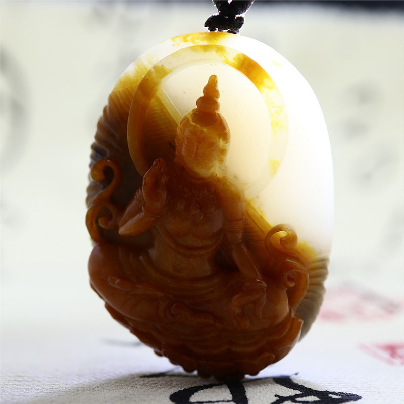 文殊菩薩三色料和田玉掛件，雙面雕刻吊墜