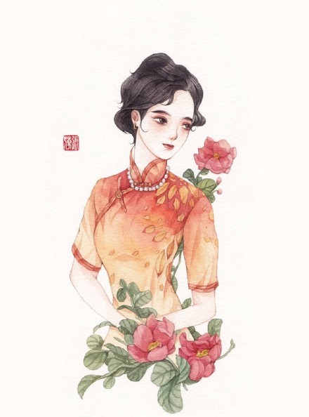 清新水彩旗袍女子插畫，唯美的古風(fēng)插畫圖集
