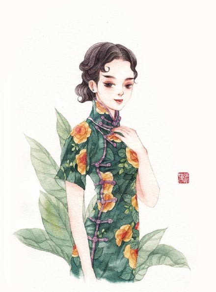 清新水彩旗袍女子插畫，唯美的古風(fēng)插畫圖集