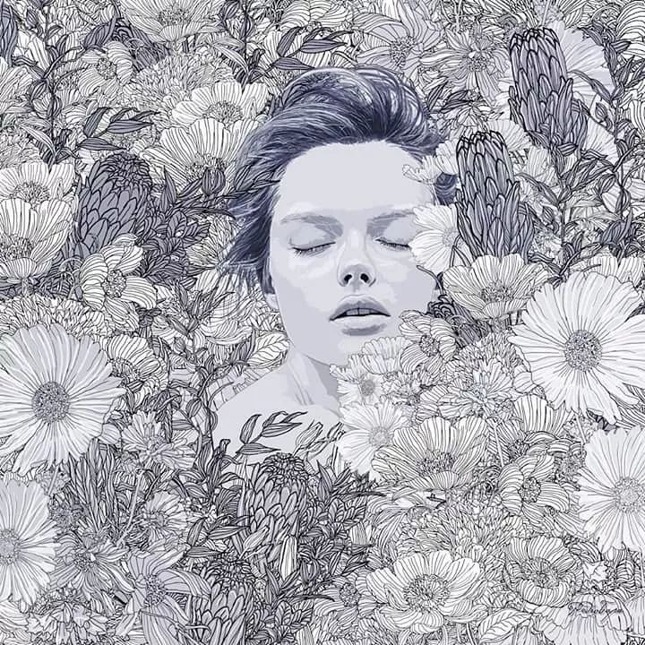 美人與花插畫(huà)：用線條淋漓盡致展現(xiàn)女性魅力！