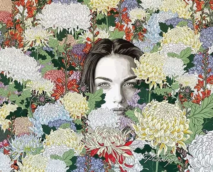 美人與花插畫：用線條淋漓盡致展現女性魅力！