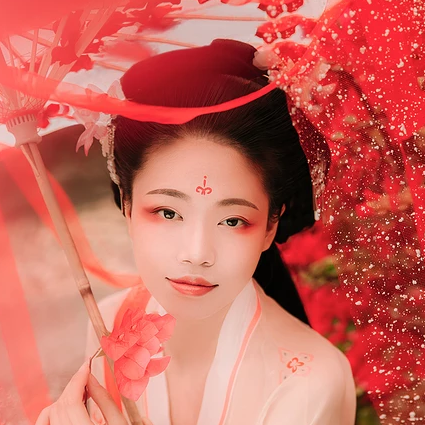 花間佳人帶傘女生頭像，唯美古風(fēng)真人頭像