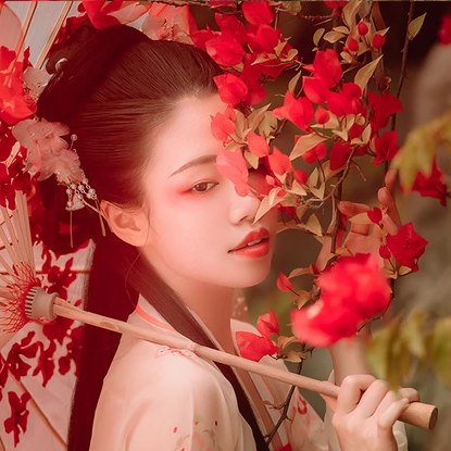 花間佳人帶傘女生頭像，唯美古風(fēng)真人頭像
