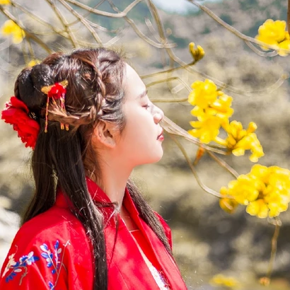嬌艷花朵紅衣女生頭像，唯美古風真人頭像
