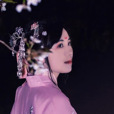 夜晚粉櫻帶燈女生頭像，唯美古風真人頭像
