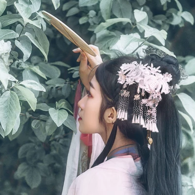 粉蝶花朵帶團(tuán)扇女生頭像，唯美古風(fēng)真人頭像