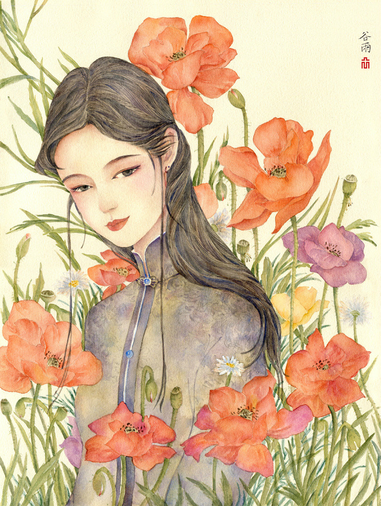 24節(jié)氣水彩手繪插畫(huà)，清新淡雅唯美女子插畫(huà)