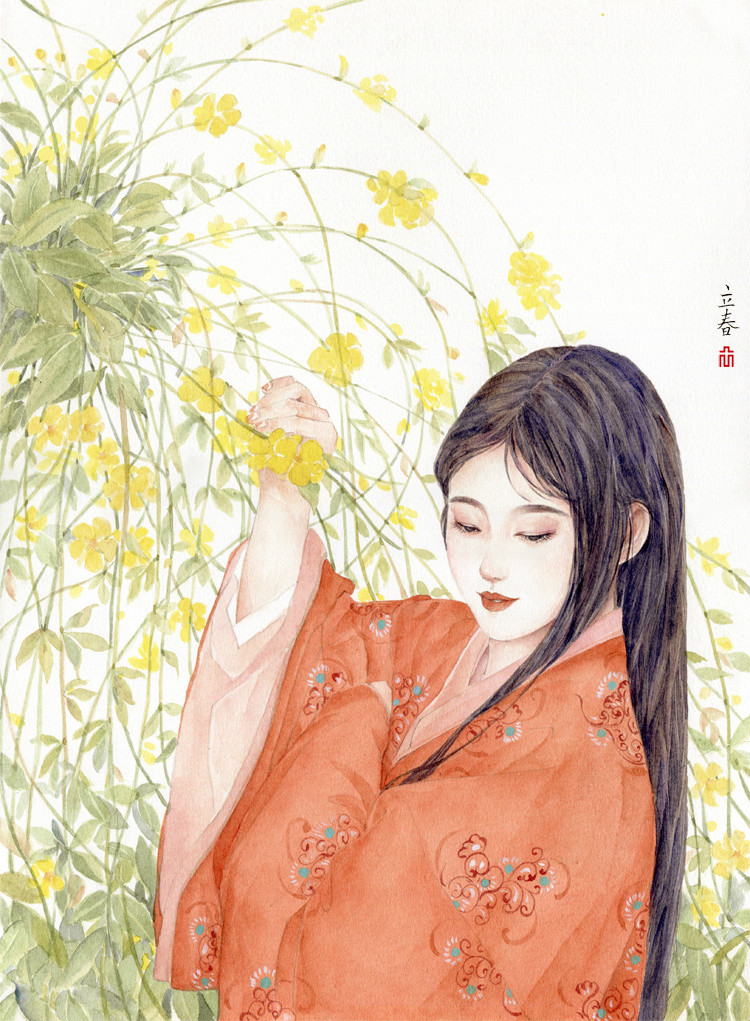 24節(jié)氣水彩手繪插畫(huà)，清新淡雅唯美女子插畫(huà)