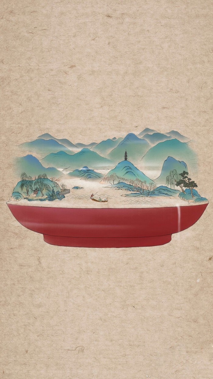 器具上的山河插畫，中國風創(chuàng)意手繪插畫