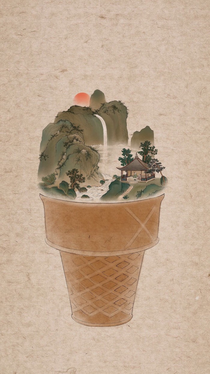 器具上的山河插畫，中國風創(chuàng)意手繪插畫