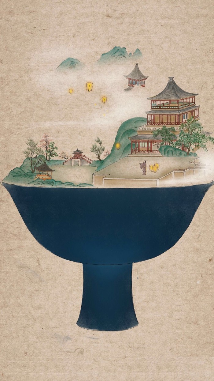 器具上的山河插畫，中國風創(chuàng)意手繪插畫