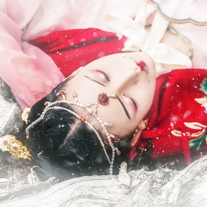 雪花飛舞紅衣女生頭像，唯美古風(fēng)真人頭像