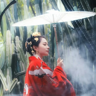 紅衣仙鶴帶傘女生頭像，唯美古風真人頭像