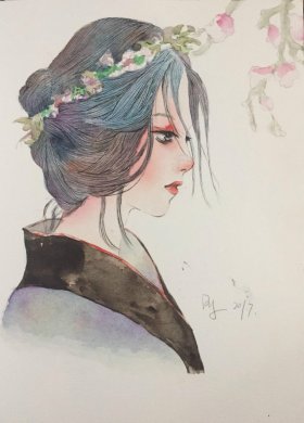 唯美手繪水彩少女人物插畫