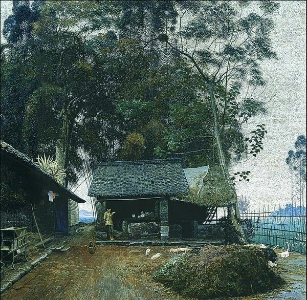中國風(fēng)山水村莊油畫插畫
