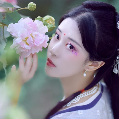 紅花綠葉帶團(tuán)扇女生頭像，唯美古風(fēng)真人頭像